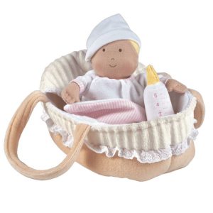 mainan boneka organik - Carry Cot with Baby Grace with Bottle & Blanket